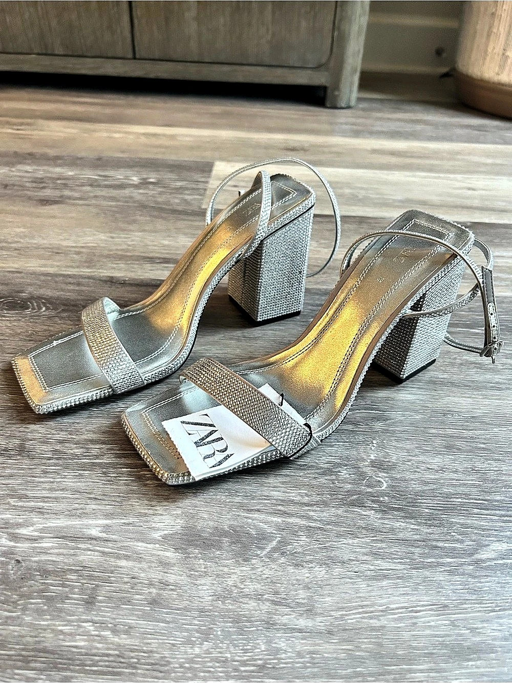 Zara Rhinestone Block Heel Sandals Silver - Picture 2 of 6